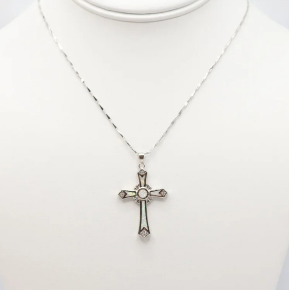 Fire Opal Cross 16 inch Stirling silver  chain included - Picture 3 of 4